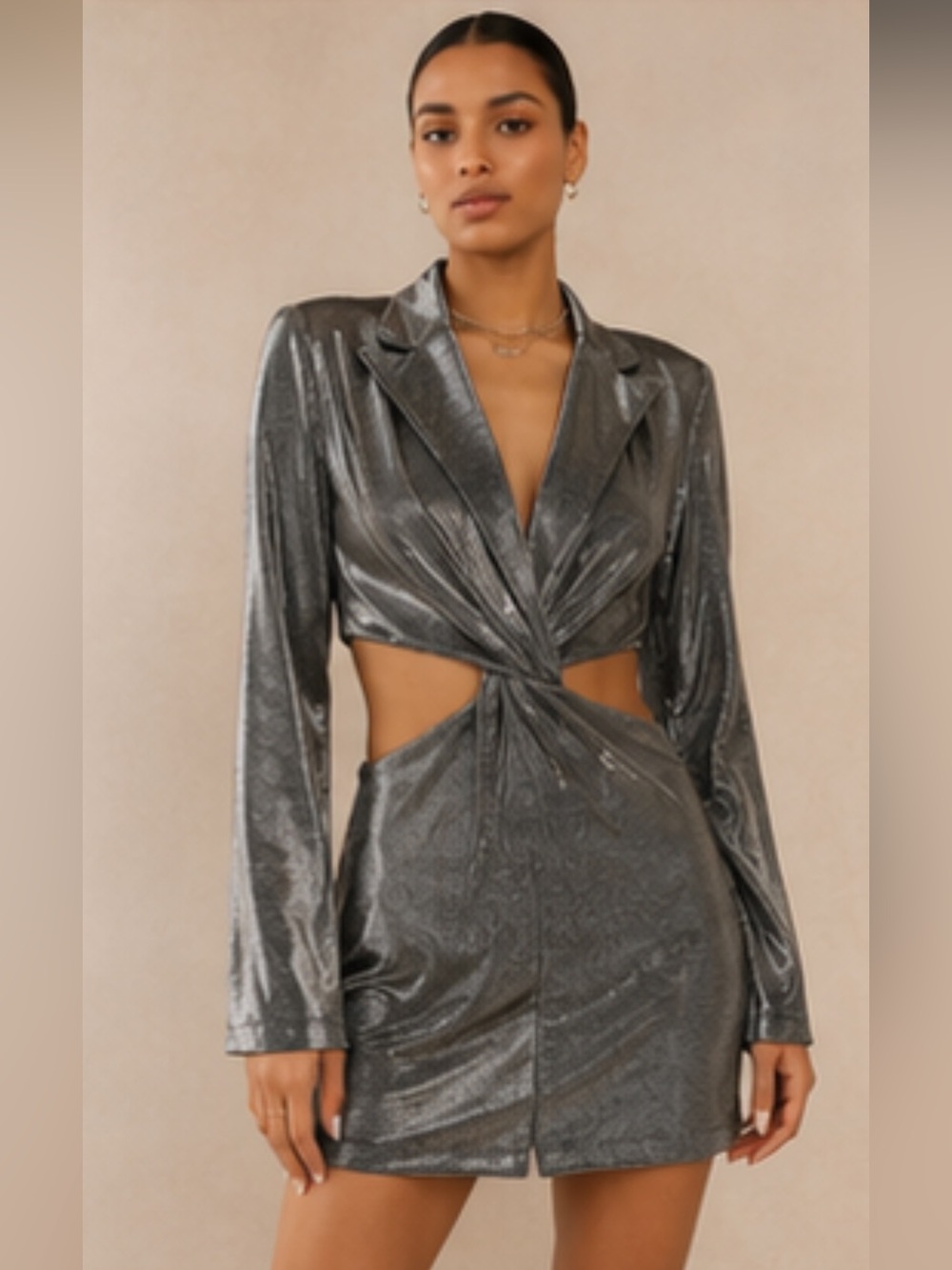 NWT Metallic Silver Twist Cutout Mini Dress -
